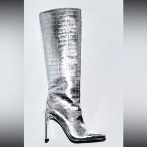 NWT Zara knee high boots. Laminated effect finish. Heel height 3.9 inches.